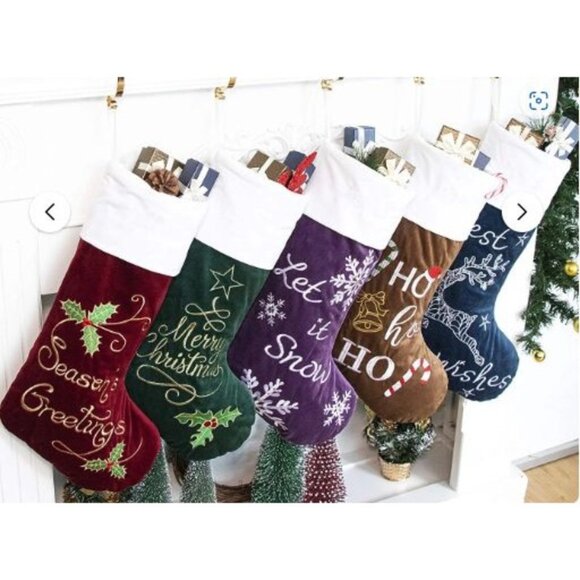 Set of 5 Gex Worldwide Embroidery Velvet Christmas Stockings, 22" Green Red Blue - Picture 1 of 7